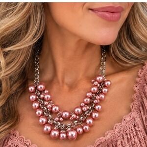 Pink Pearlized Beads Cluster Bib Necklace Silver Tone Multi Strand Statement